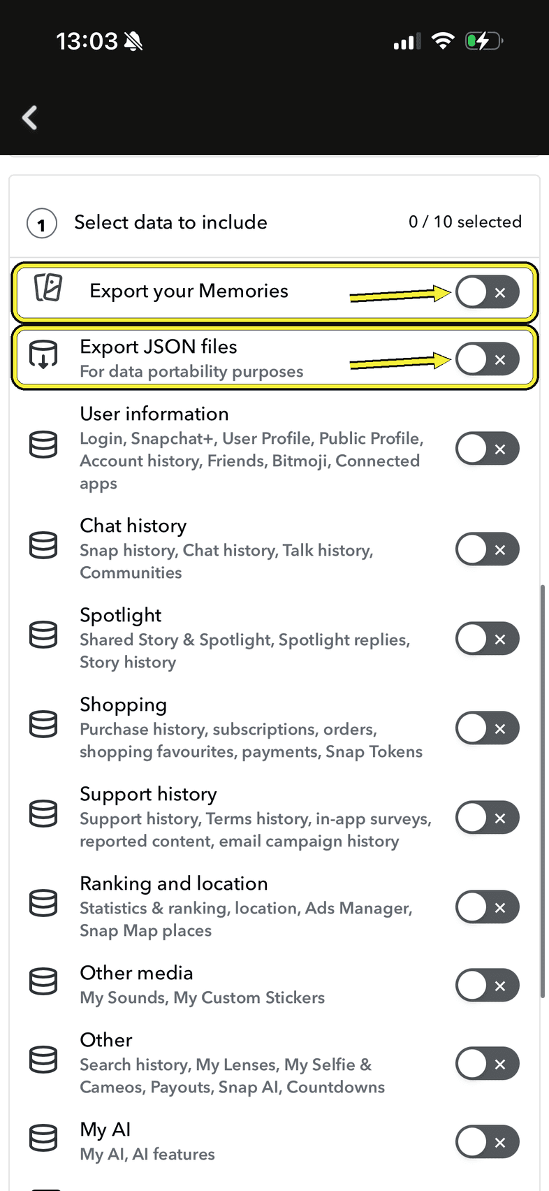 Snapchats exportformulär där Export your Memories och Export JSON files är markerade med gula ramar och pilar