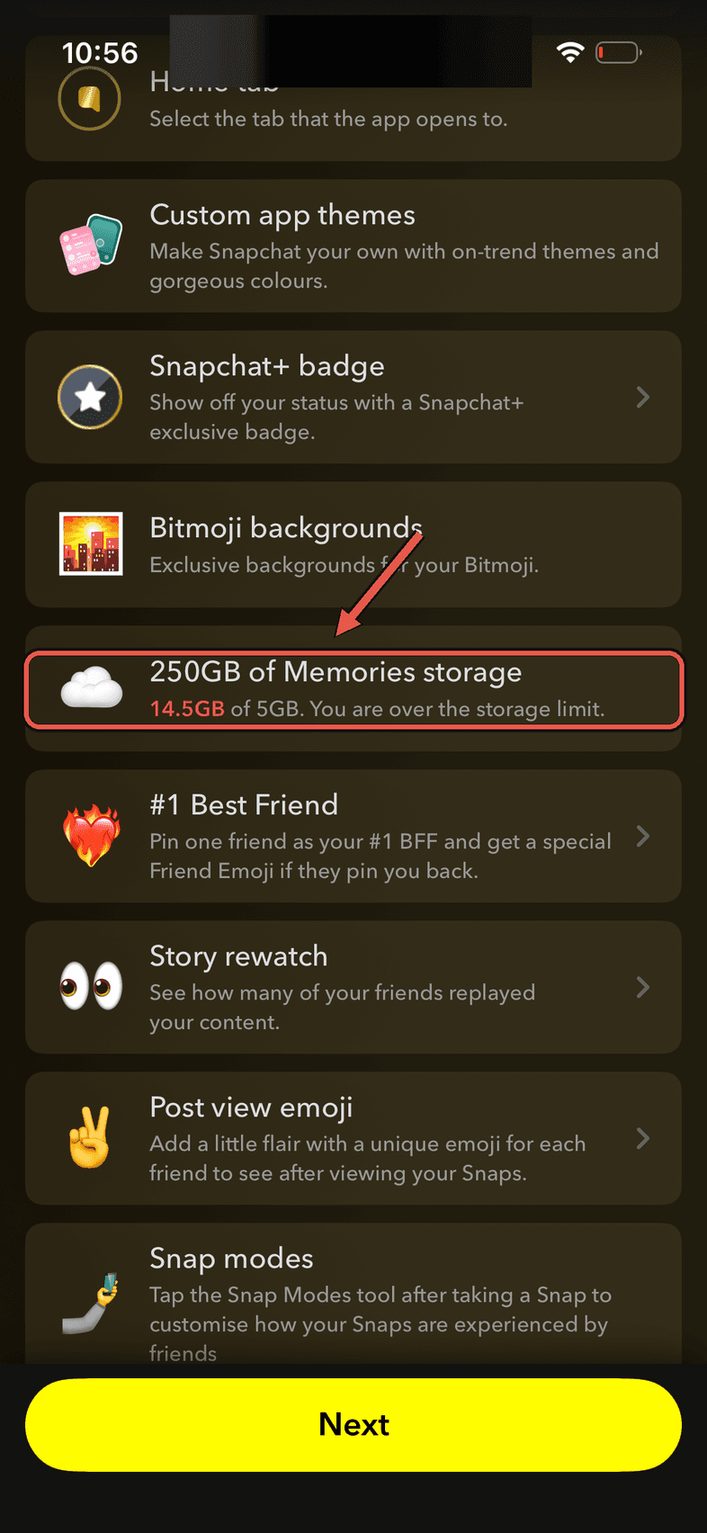Listan över Snapchat+-funktioner där raden om Memories-lagring visar 14,5 GB av 5 GB