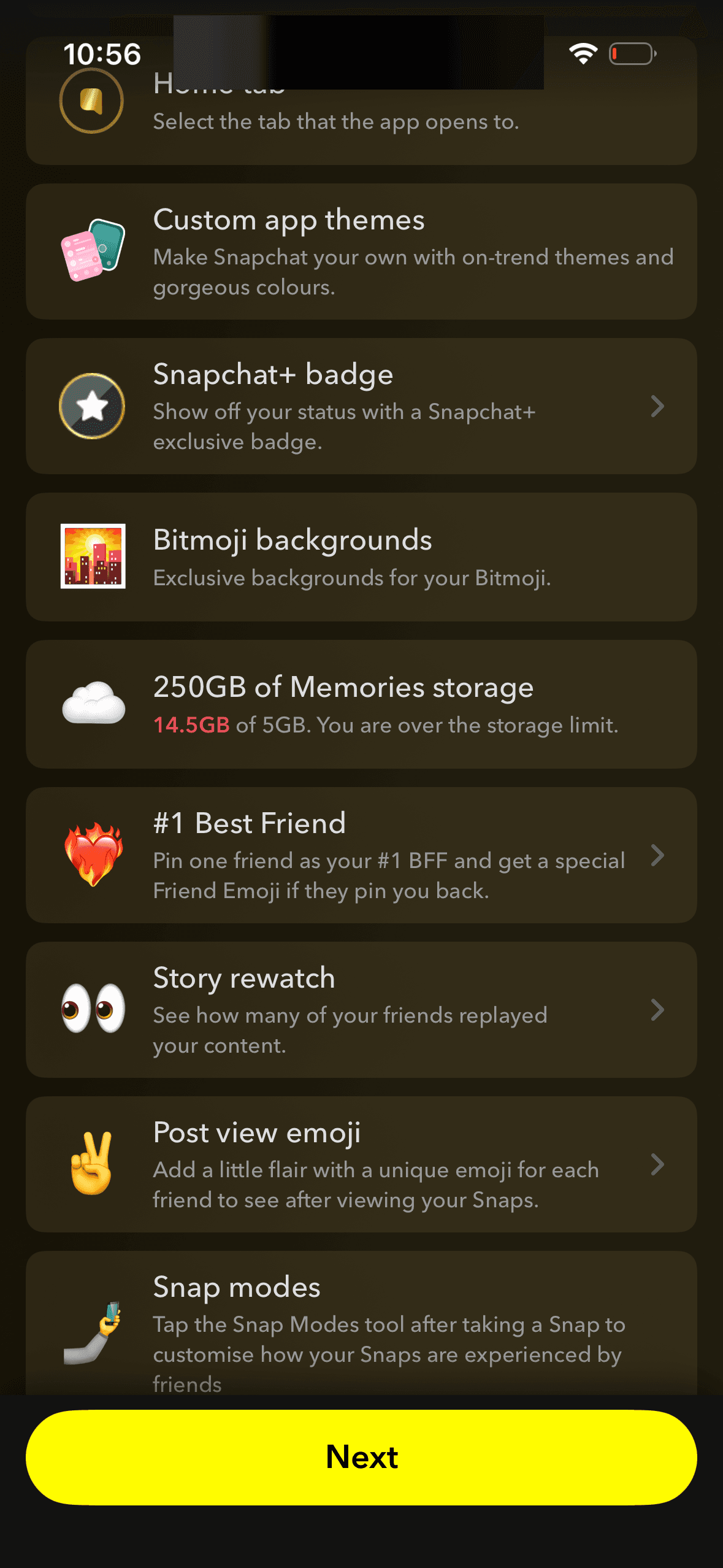 Listan över Snapchat+-funktioner där raden om Memories-lagring visar 14,5 GB av 5 GB